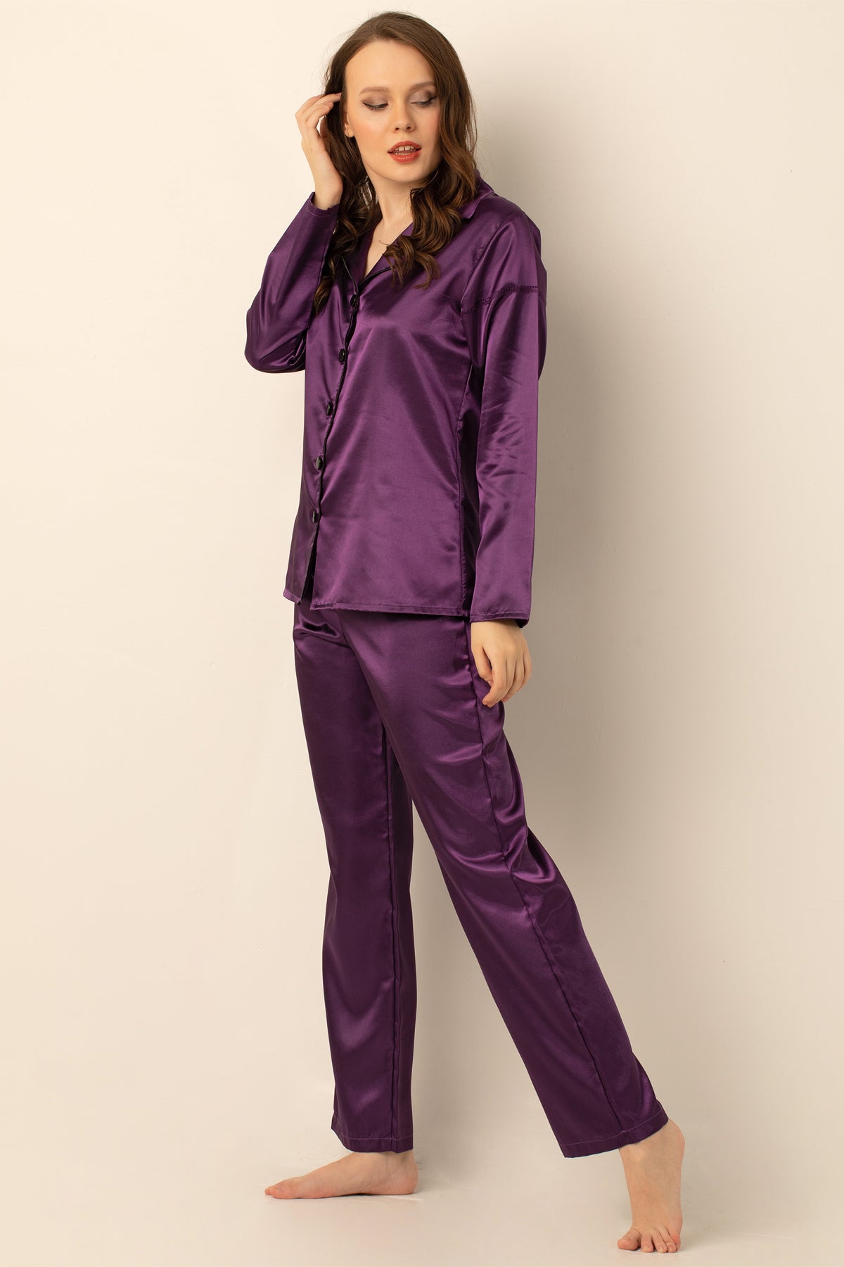 Women's Long Sleeve Satin Pajama Set – Luxury Button Down Sleepwear