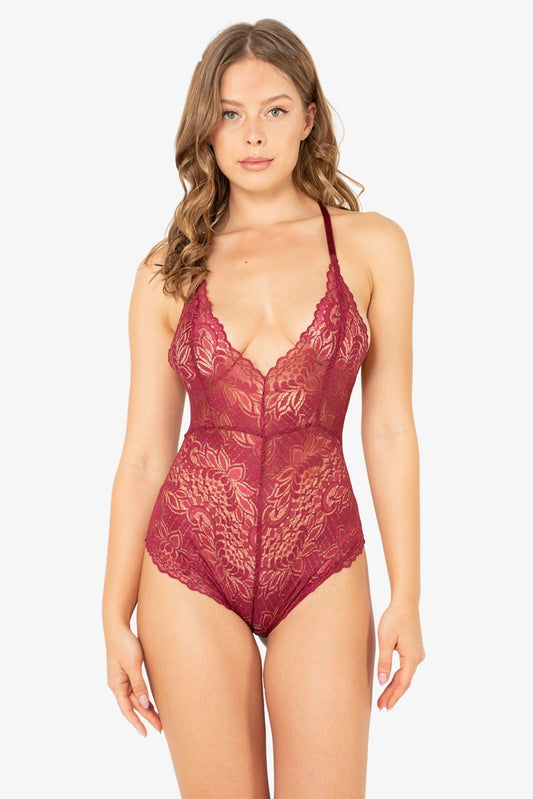 Lace Bodysuit Lingerie – Adjustable Cross Back Floral Teddy
